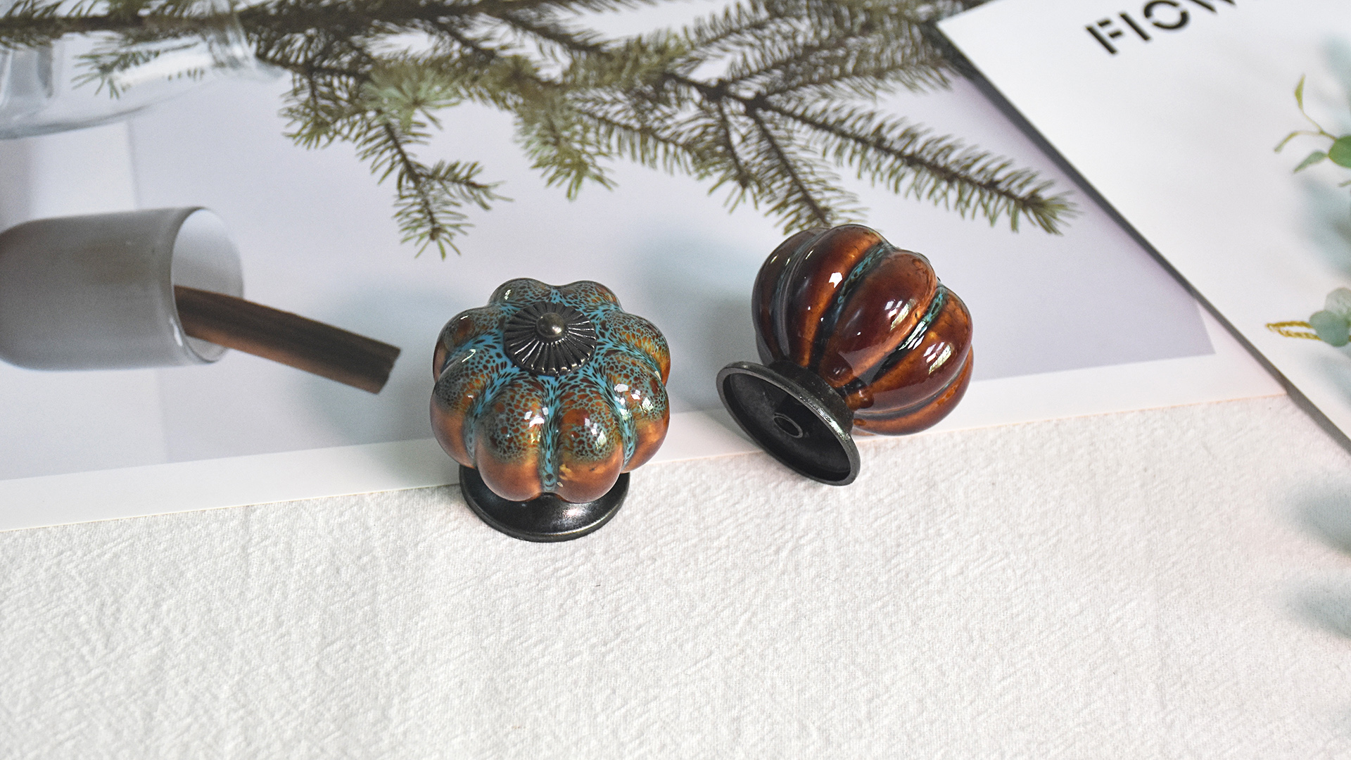 IEIK Cabinet Knobs 6 Pack Glazed Ceramic Knobs with Pumpkin Shape